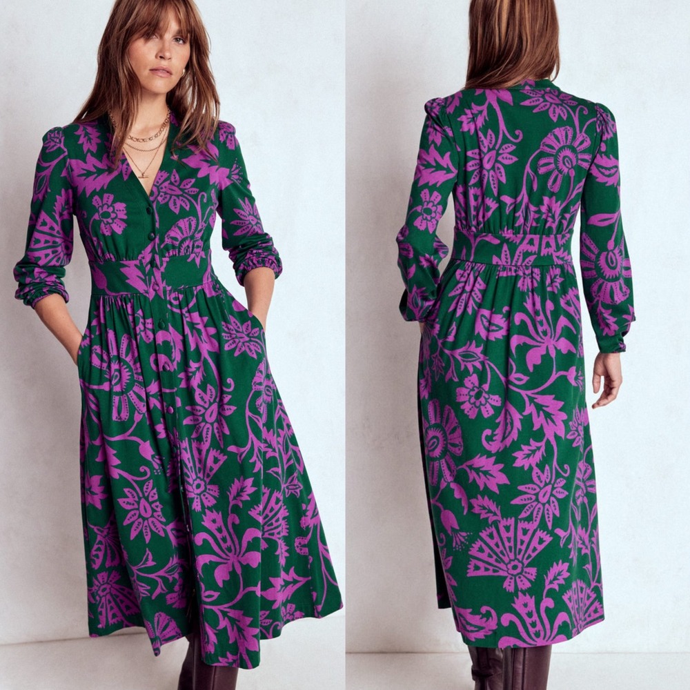 Boden Women's Natalia Long Sleeve Tea Dress, Emerald Night Sz UK 4 US 0 P